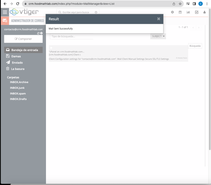 Archivo:Manual de admon vtiger CRM - Mensaje enviado.png